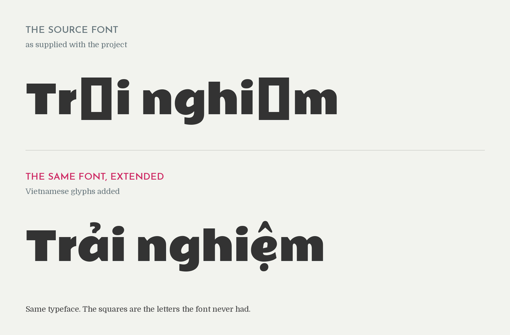 The Vietnamese words Trai nghiem shown twice, with two letters missing as squares in the original font and rendering correctly in the extended font